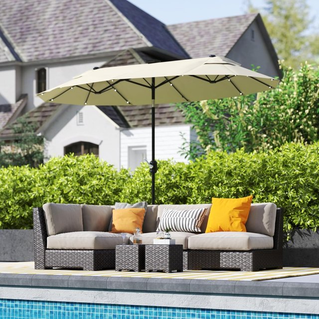 Sombrilla Doble Inclinável 295X150Cm Com Manivela, Luzes LED, Base Cruzada E Ventilações, Sombrinha De Jardim Com 12 Varetas De Aço E Poliéster, Para Jardim, Varanda, Terraço