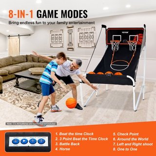 Juego de Arcade de Baloncesto Plegable, Juego de Baloncesto Interior para 2 Jugadores, Deporte de Doble Tiro en Casa con 5 Pelotas, 8 Modos de Juego, Marcador Electrónico y Bomba de Inflación, par...
