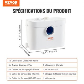 Bomba Maceradora, 700W, 9600 L/h, 10 m di Altezza, Pompa Sump per Acque Reflue con 3 Ingressi per WC, Cantina, Cucina, Lavandino, Doccia, Smaltimento Rifiuti