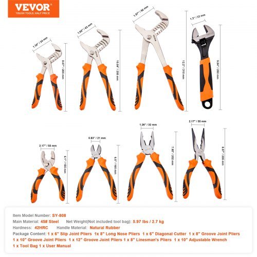 Set di Pinze, 8 Pezzi, Acciaio ad Alto Contenuto di Carbonio, Pinze per Giunti a Scanalatura da 30,5cm/25,4cm/20,3cm, Pinze da Elettricista da 20,3cm, Pinze per Giunti Scorrevoli da 15,2cm, Pinze a Punta Lunga e Taglierino Diagonale