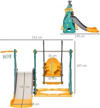 Tobogán 3 en 1 para Niños con Columpio Ajustable, Aro de Baloncesto y Pelotas para Habitación y Jardín, 152X149X107Cm, Azul, Gris, Amarillo