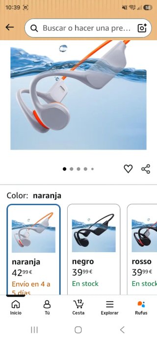 Auriculares Conducción Ósea IPX8 Naranja/Blanco