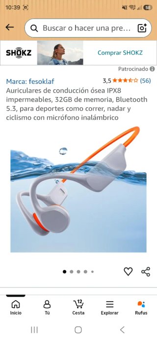 Auriculares Conducción Ósea IPX8 Naranja/Blanco