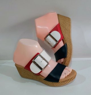 Sandalias cuña azul marino y rojas.