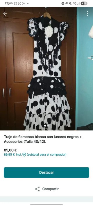 Traje Flamenca Blanco Lunares Negros T.40/42