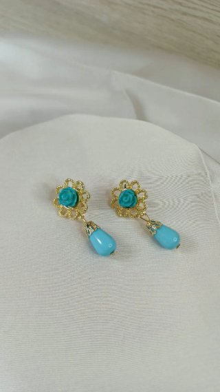 Pendientes Flor Turquesa Chapado Oro 18k