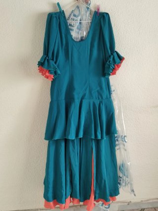 Traje Flamenca Agua Marina con Volantes Naranjas