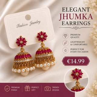Pendientes Jhumka Dorados con Piedras Rojas
