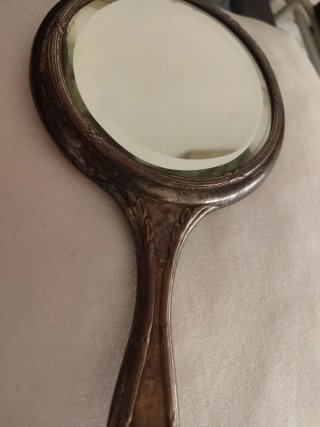 Espejo de mano antiguo metal y cristal