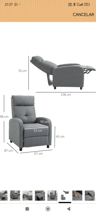 Butaca reclinable azul, varias posiciones.