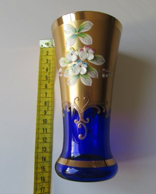 Jarrón Murano Vintage Cristal Azul Dorado