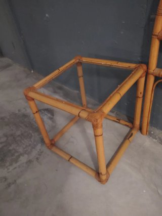 Cabecero bambú + 2 mesitas cristal