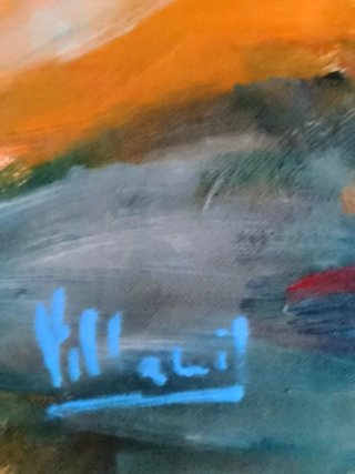 Pintura al óleo de barcos y pueblo