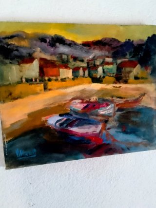 Pintura al óleo de barcos y pueblo