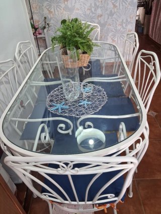 Mesa forja blanca y 6 sillas