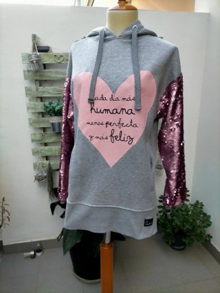 Sudadera Anabel Lee gris corazón lentejuelas XS