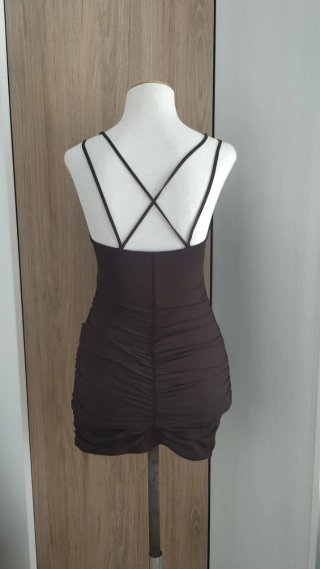 Sexy vestido mini fruncido elástico con tul/malla