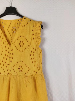 Vintage Abito Smanicato Senape Traforato Floreale