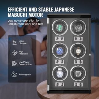 Reloj Winder, Reloj Winder para 6 Relojes Automáticos de Hombre y Mujer, con 6 Motores Japoneses Mabuchi Súper Silenciosos, Luz LED Azul y Adaptador, Carcasa de Tablero de Alta Densidad y PU Negro