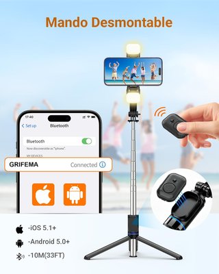 Selfie stick 107 cm LED 6 modos con mando Bluetoot