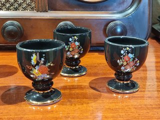 6 Hueveras Vintage Cerámica Negra Oro