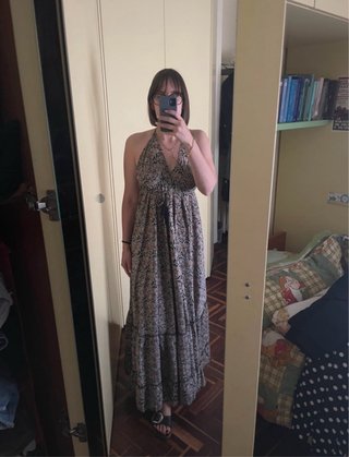 Vestito lungo fantasia beige e blu
