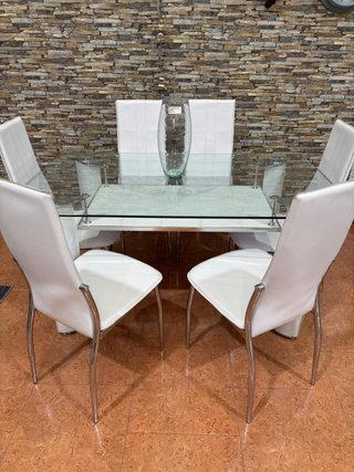 Mesa Cristal 150cm + 6 Sillas Blancas