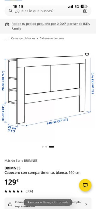 Cabecero BRIMNES IKEA Blanco 140cm