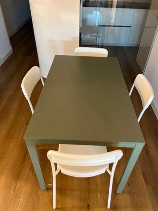 Mesa verde con 5 sillas blancas