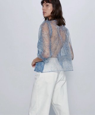 Blusa Zara azul manga larga transparente