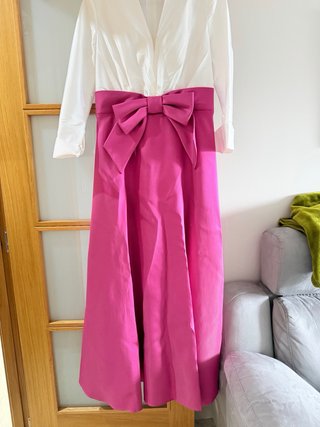 Vestido largo fiesta blanco y rosa