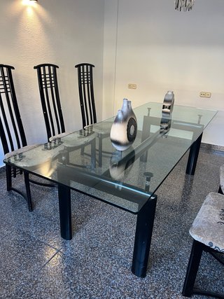 Mesa Comedor Cristal y Metal + 6 Sillas