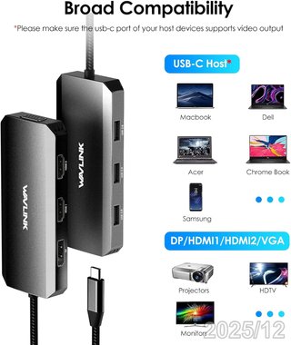 WAVLINK Hub USB-C 7en1 HDMI/DP/VGA x3USB UMD304-BL