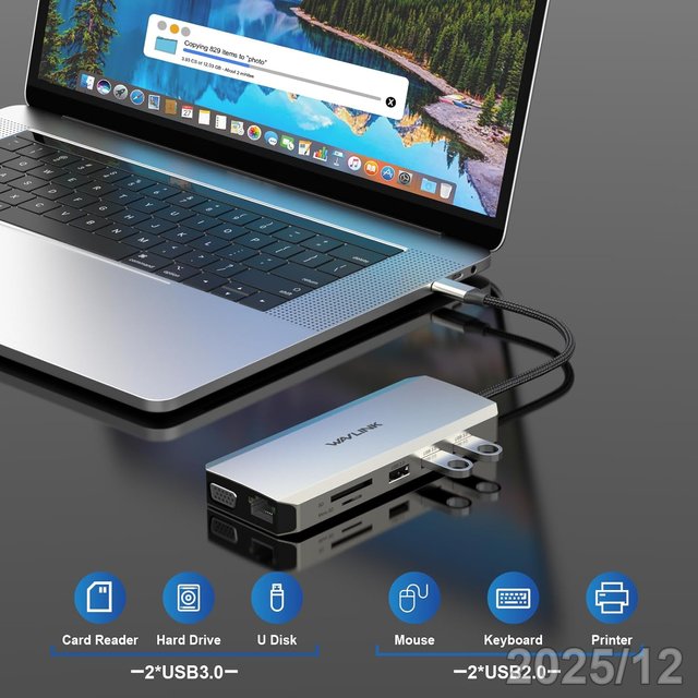 WAVLINK Hub USB-C 12en1 HDMI VGA RJ45 85W UMD301
