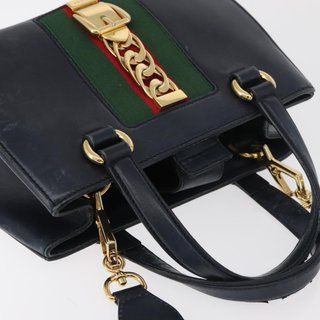 GUCCI Silvi Hand Bag Leather 2way Navy Gold