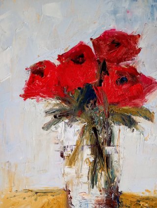 Dipinto Olio su tela Vaso Fiori Rossi