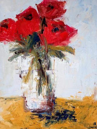 Dipinto Olio su tela Vaso Fiori Rossi