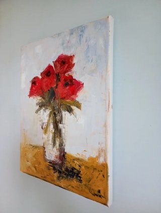 Dipinto Olio su tela Vaso Fiori Rossi