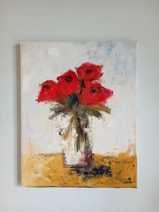 Dipinto Olio su tela Vaso Fiori Rossi