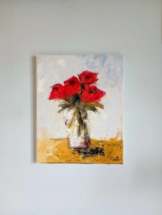 Dipinto Olio su tela Vaso Fiori Rossi