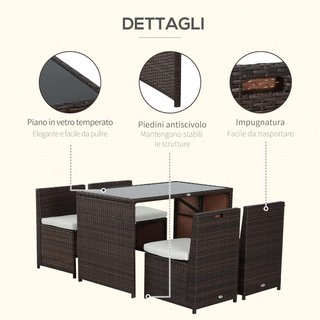 Set di mobili da giardino in rattan 5 pezzi con tavolo da pranzo e 4 sedie con cuscini