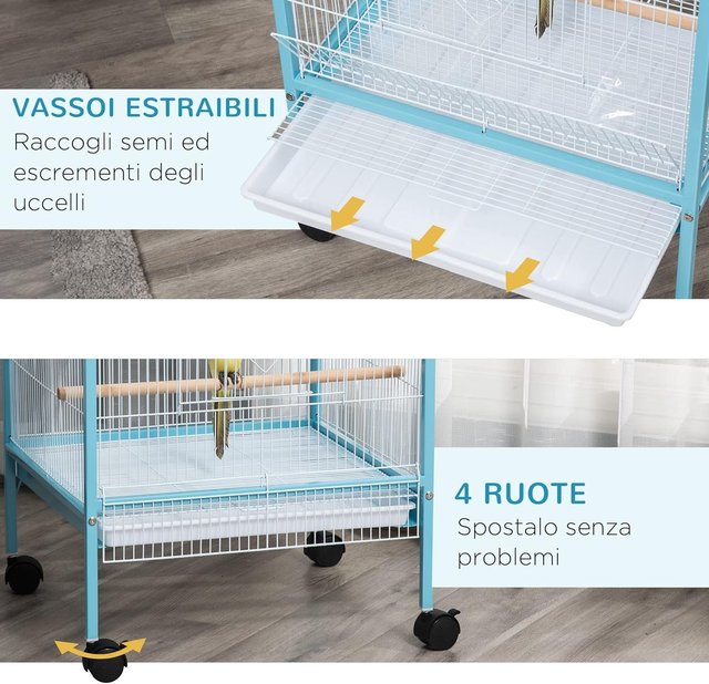 Jaula para Aves 2 en 1 Voladera para Interiores Con 4 Ruedas Giratorias, Bandejas Extraíbles Y Contenedores de Plástico, 51.5X50X140 Cm, Azul