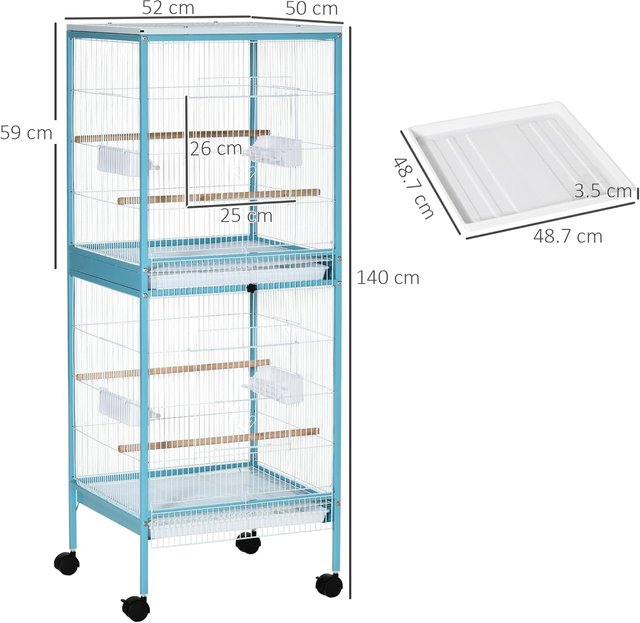 Jaula para Aves 2 en 1 Voladera para Interiores Con 4 Ruedas Giratorias, Bandejas Extraíbles Y Contenedores de Plástico, 51.5X50X140 Cm, Azul