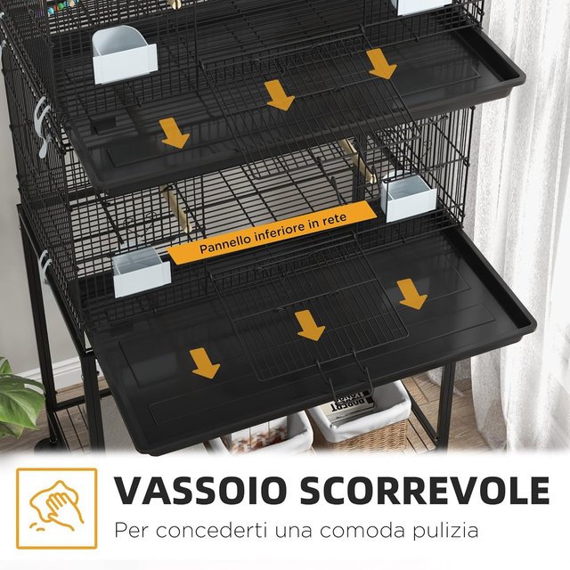 Jaula para Aves de Acero y PP, Diseño Apilado con Perchas, Columpios y Escaleras, 77X46X164 Cm, Negro