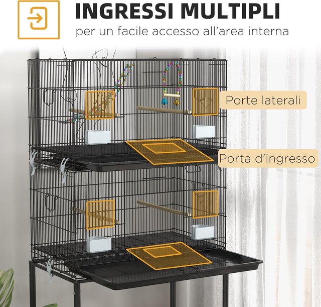 Jaula para Aves de Acero y PP, Diseño Apilado con Perchas, Columpios y Escaleras, 77X46X164 Cm, Negro