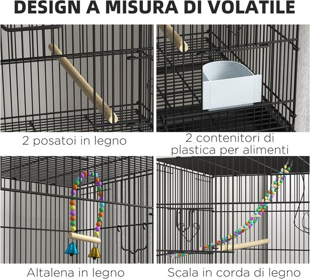 Jaula para Aves de Acero y PP, Diseño Apilado con Perchas, Columpios y Escaleras, 77X46X164 Cm, Negro