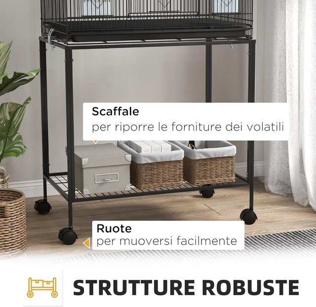 Jaula para Aves de Acero y PP, Diseño Apilado con Perchas, Columpios y Escaleras, 77X46X164 Cm, Negro