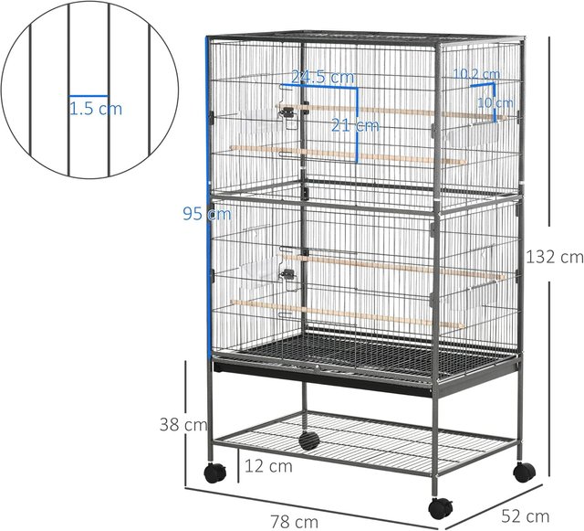 Jaula para Aves de Interior de Acero y Madera con Bandeja Extraíble, 4 Ruedas, Perchero y Contenedor de Alimentos, 78X52X132Cm, Gris Oscuro