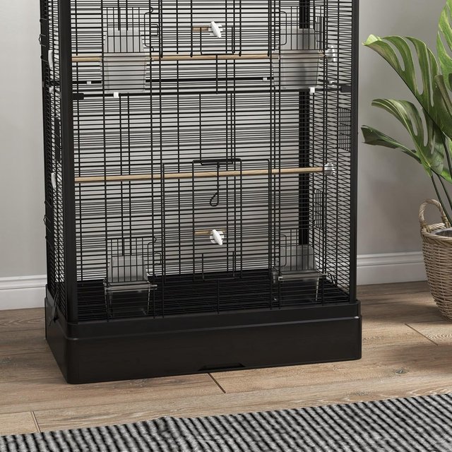 Jaula para Aves con Perchas de Madera, Voladera para Canarios y Periquitos de Acero con 2 Asas, Bandeja Extraíble y Comederos, 61X36.5X98 Cm, Negro