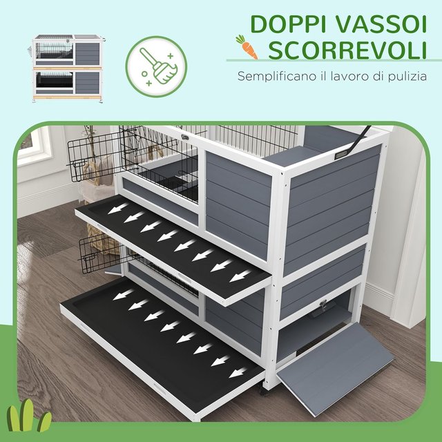 Conejera Interior de 2 Niveles de Madera, Casa para Conejos y Cobayas con Bandejas Extraíbles, Ruedas y Rampas, Gris